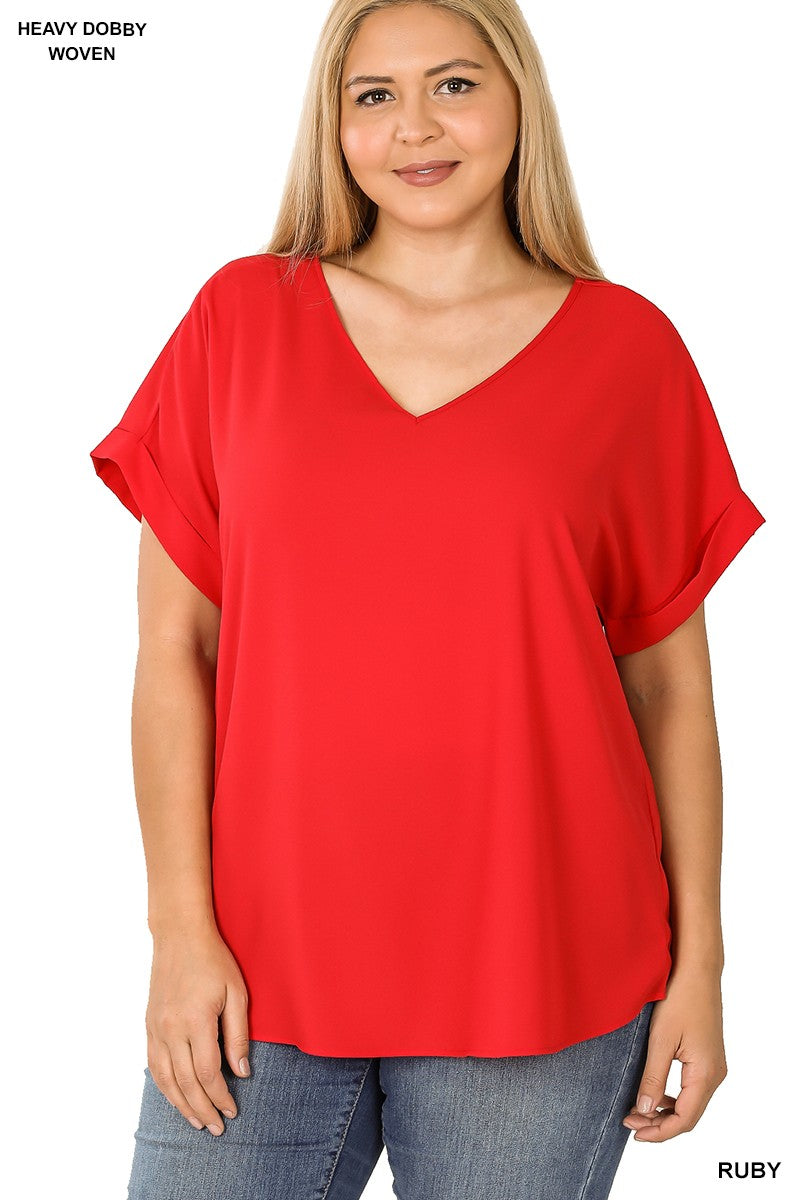 Plus woven heavy dobby rolled sleeve v neck top