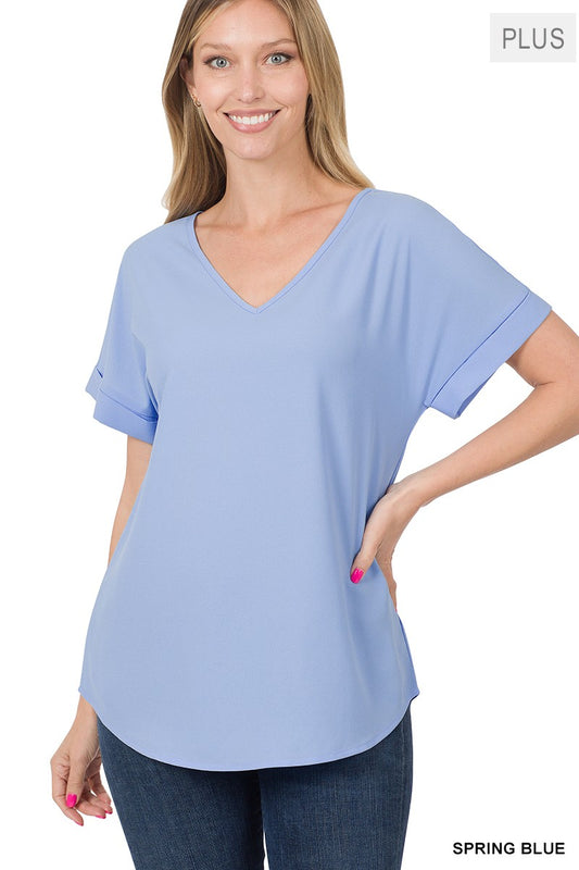 Plus woven heavy dobby rolled sleeve v neck top