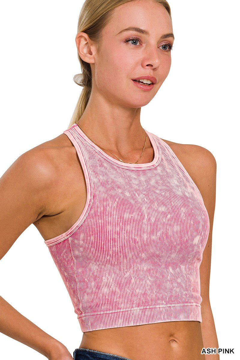 Washed Ribbed seamless cropped tank top w/bra pads