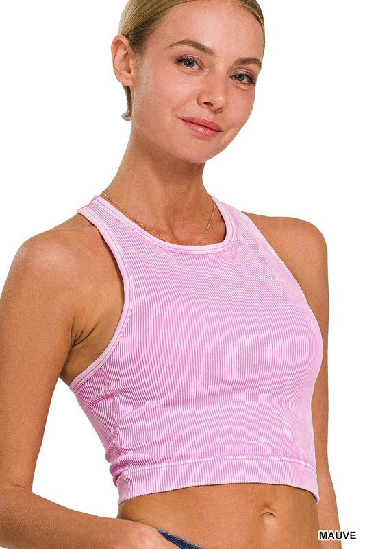 Washed Ribbed seamless cropped tank top w/bra pads