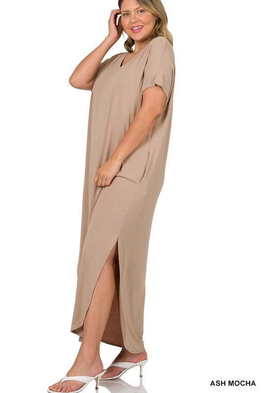 PLUS V-NECK SHORT SLEEVE MAXI DRESS