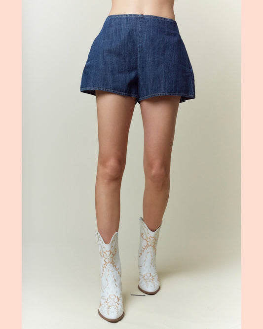 Washed Denim Back Smocking Detail Shorts