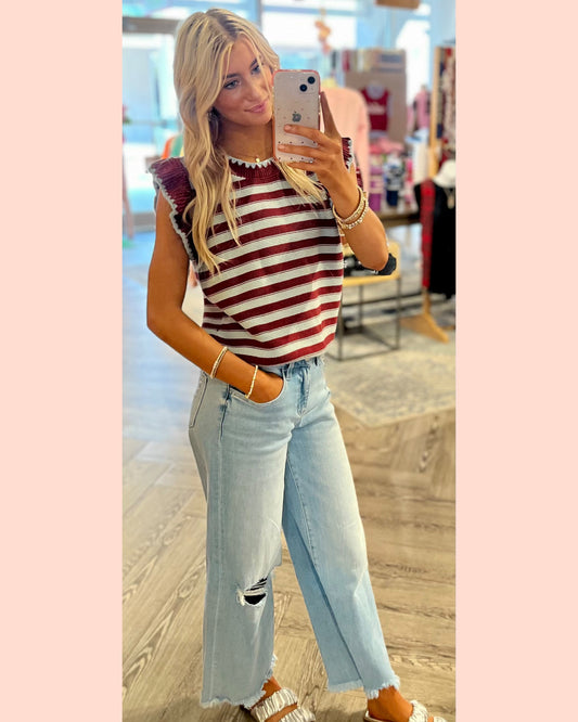 Striped Flutter Sleeve Sweater Top