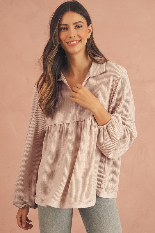 Texture V-Neck Bubble Sleeve Flowy Blouse