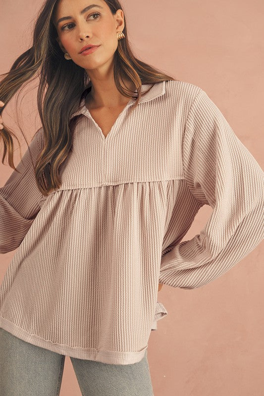 Texture V-Neck Bubble Sleeve Flowy Blouse