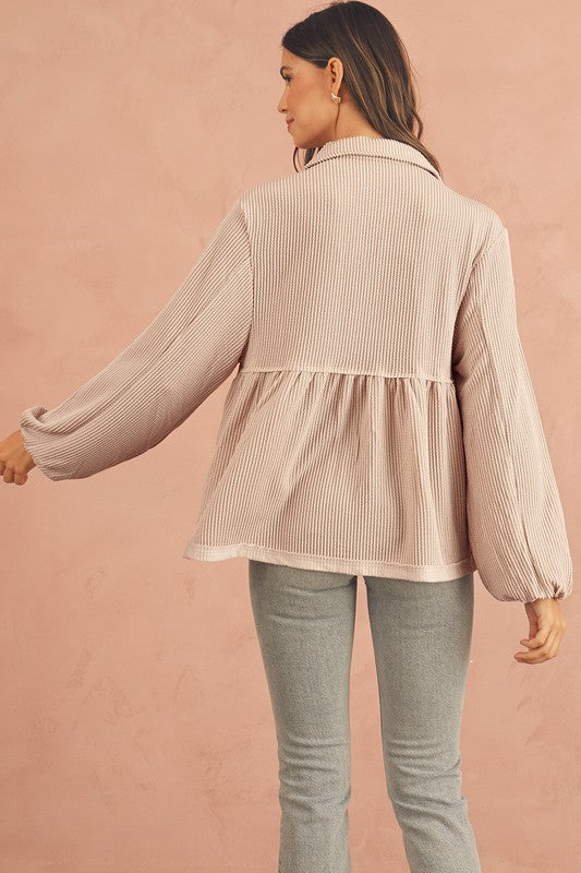 Texture V-Neck Bubble Sleeve Flowy Blouse