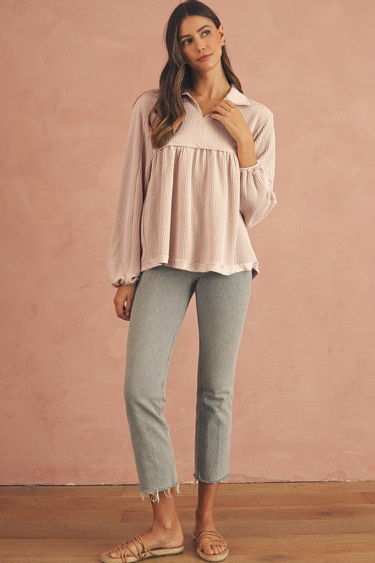 Texture V-Neck Bubble Sleeve Flowy Blouse