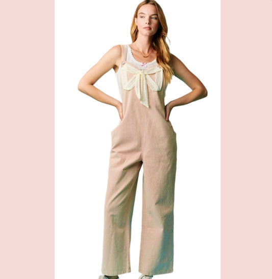 Lace Ribbon Detailed Solid Twill Overall