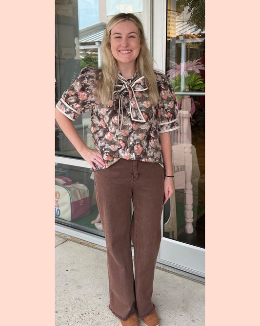 Casual Chic Floral Bow Tie Neck Top