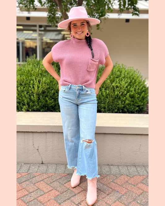 High Rise Distressed Crop Wide Jeans