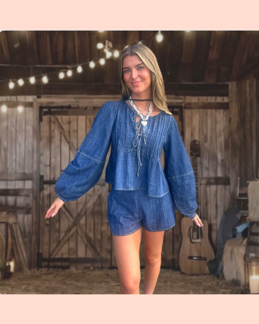 Washed Denim Pleats With Front Tie Flare Top