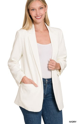 WOVEN LONG SLEEVE OPEN FRONT CLASSIC BLAZER