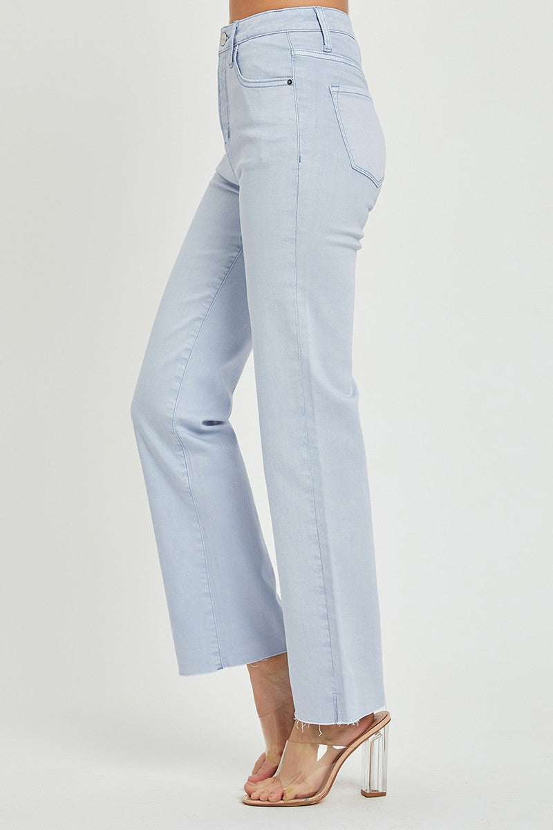 HIGH RISE RAW HEM WITH SIDE SLIT STRAIGHT JEANS-RISEN