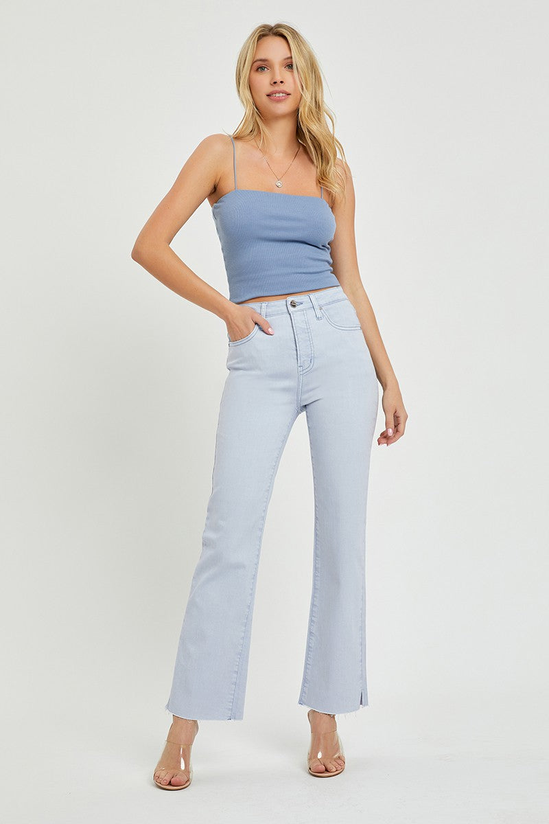 HIGH RISE RAW HEM WITH SIDE SLIT STRAIGHT JEANS-RISEN