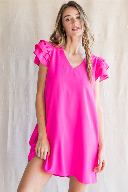 Solid Layer Ruffled Sleeves Dress