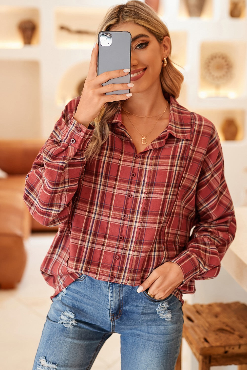 Plaid Frayed Stitching Long Sleeve Shirt