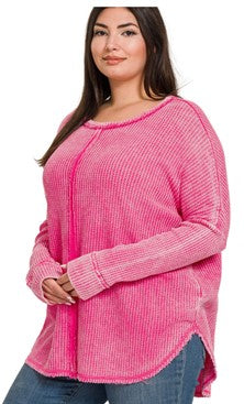 PLUS WASHED BABY WAFFLE OVERSIZED LONG SLEEVE TOP