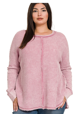 PLUS WASHED BABY WAFFLE OVERSIZED LONG SLEEVE TOP