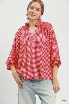 Gingham Check Puff Sleeve Blouse