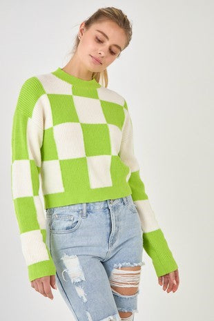 Lime Green Checkerboard Knit Sweater