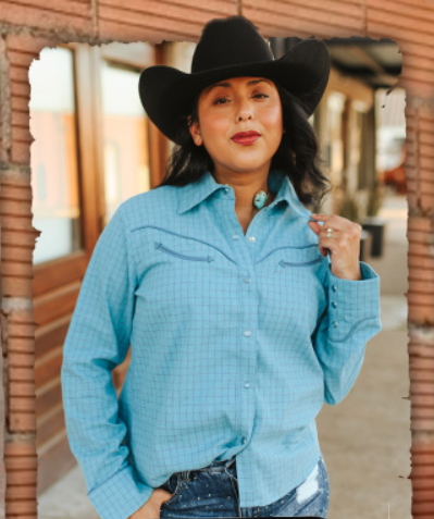 Turquoise Plaid Arrow Western Long Sleeve Pearl Snap Top
