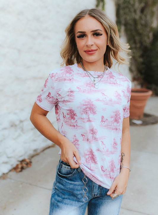 Pink Pasture Horse Print Western Short Sleeve Top