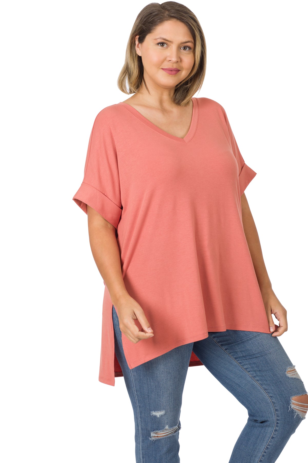 PLUS ROLLED SLEEVE V-NECKHIGH-LOW HEM