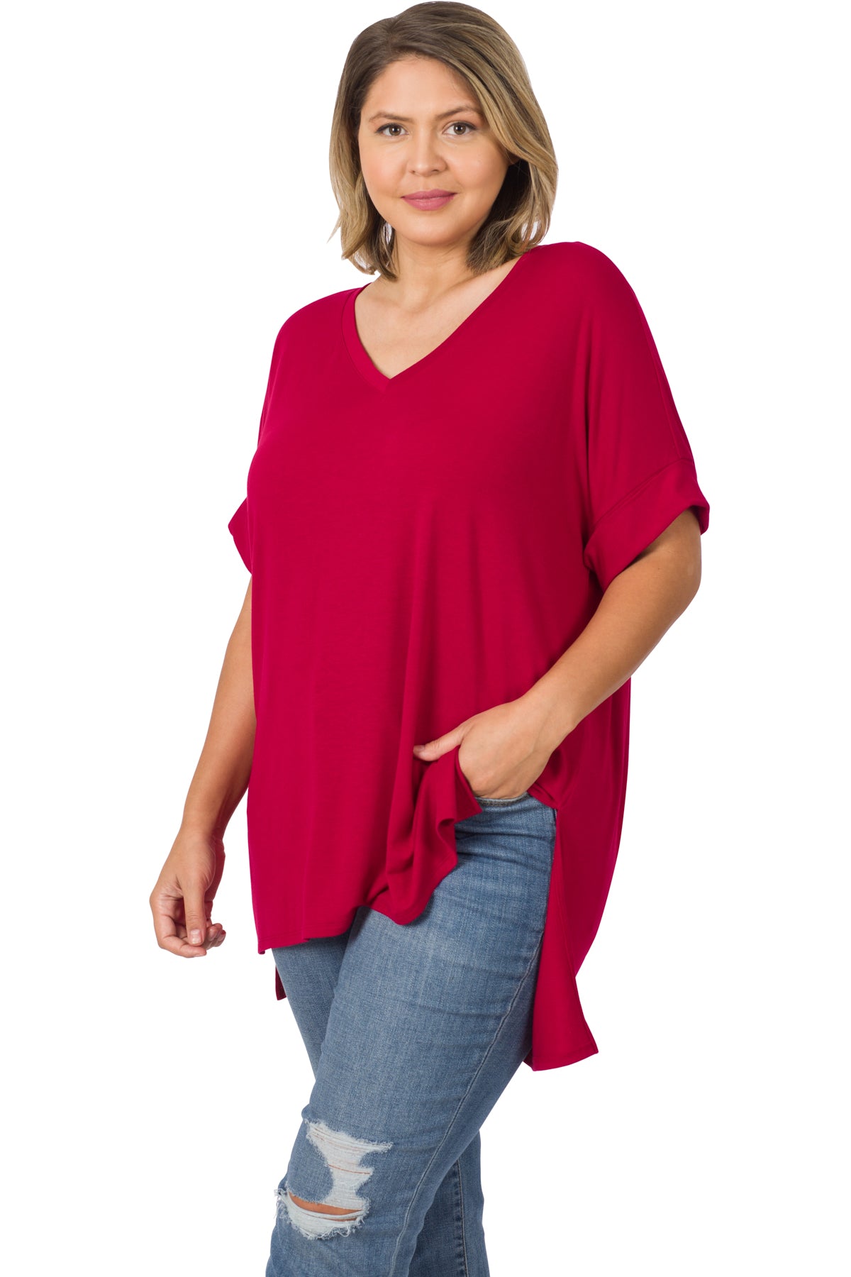 PLUS ROLLED SLEEVE V-NECKHIGH-LOW HEM