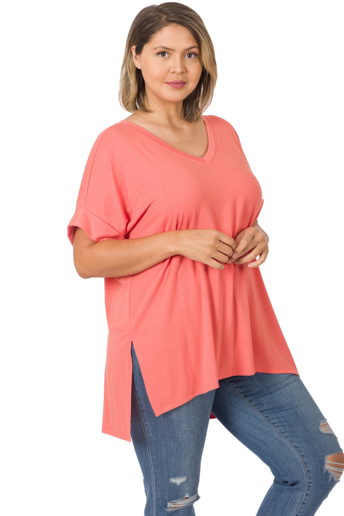 PLUS ROLLED SLEEVE V-NECKHIGH-LOW HEM