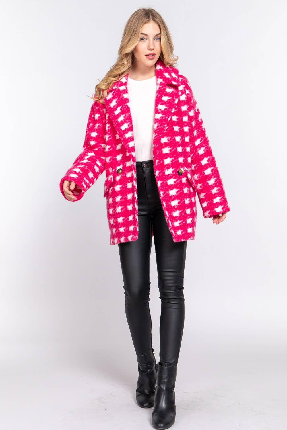 Long Sleeve Double Breasted Check Print Boucle Fleece Coat