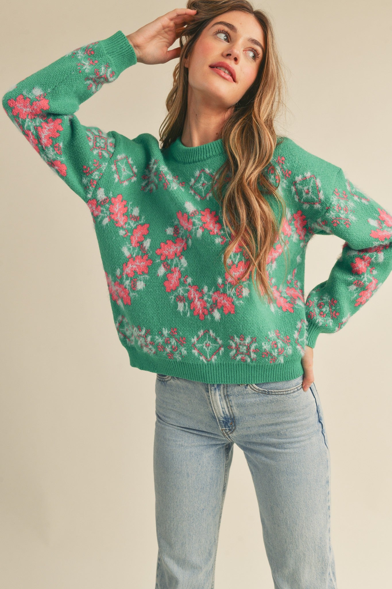 MIXED KNIT FAIRE ISLE SWEATER