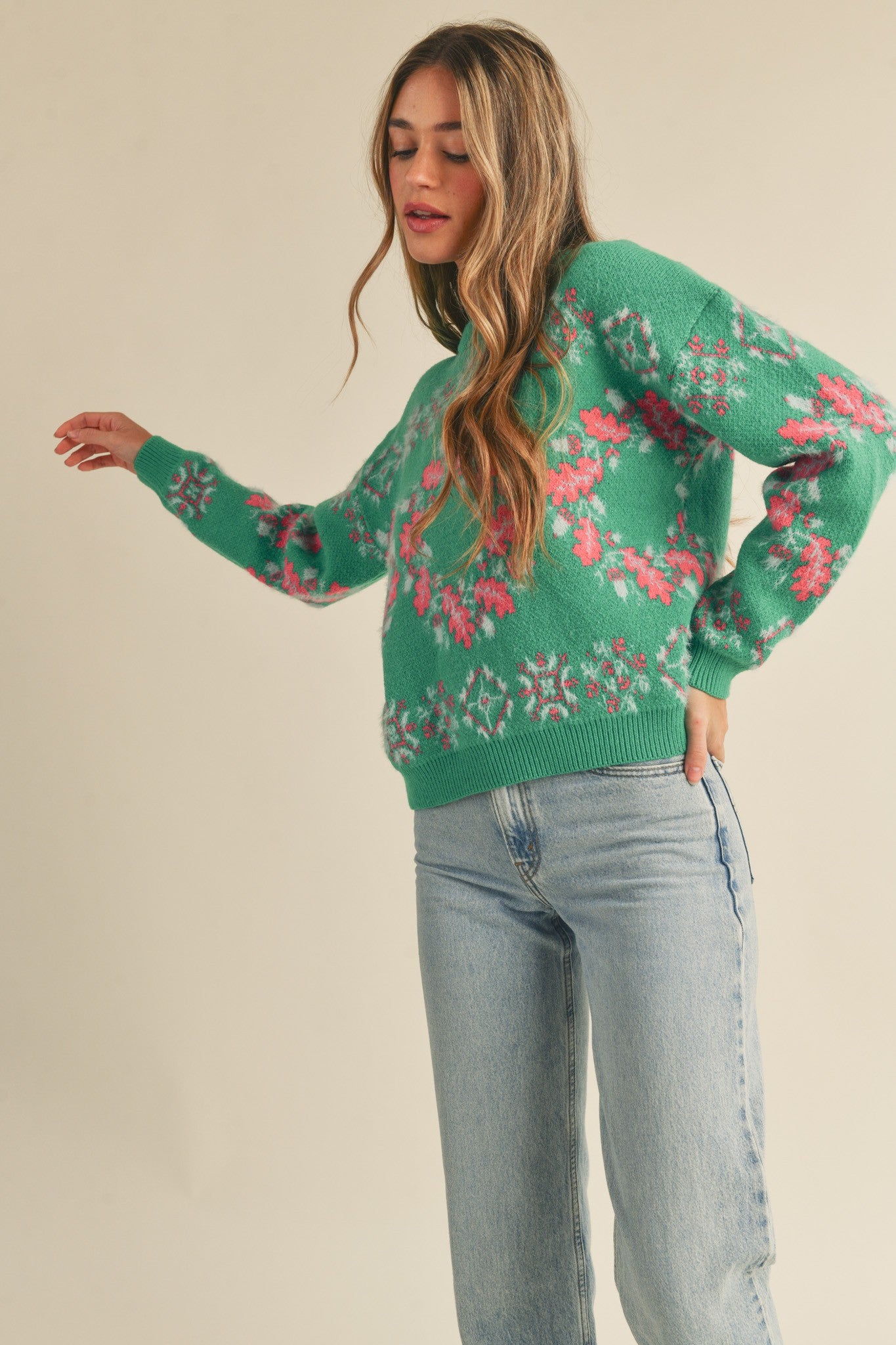 MIXED KNIT FAIRE ISLE SWEATER