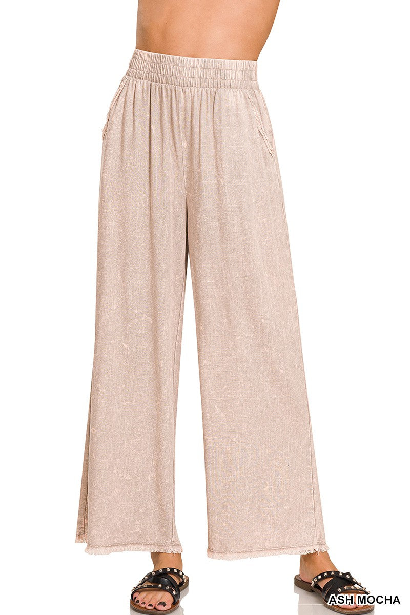 WASHED LINEN FRAYED HEM ELASTIC BAND WAIST PANTS