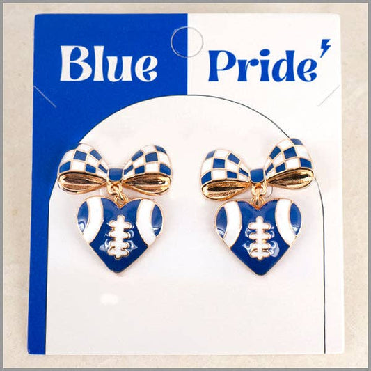 Blue and White Color Coated Bow & Football Gameday Stud 1.25" Earring