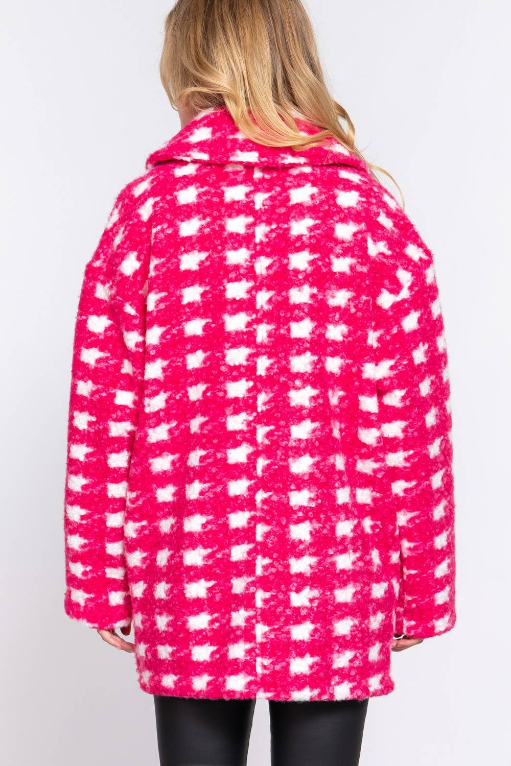 Long Sleeve Double Breasted Check Print Boucle Fleece Coat