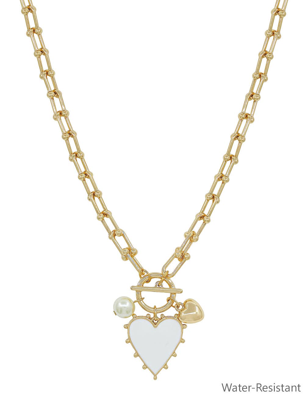 What's Hot - Gold Chain Necklace with White Studded Heart Charm 16"-18" Necklace