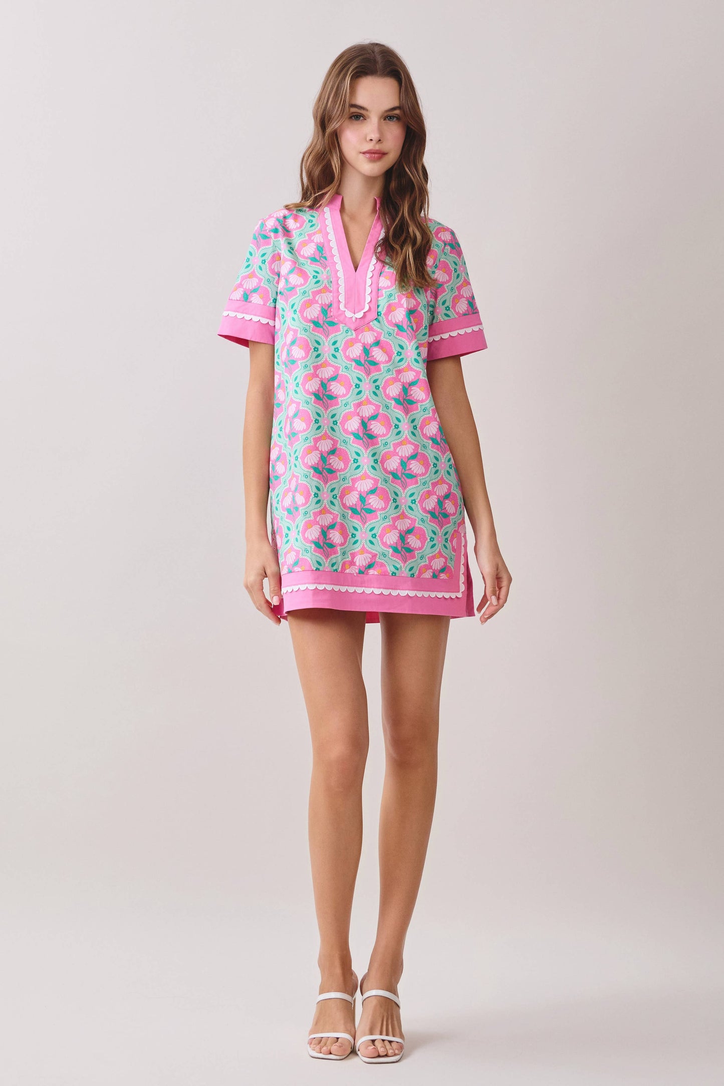 Colorful Floral Print Contrast Borders Shift Dress