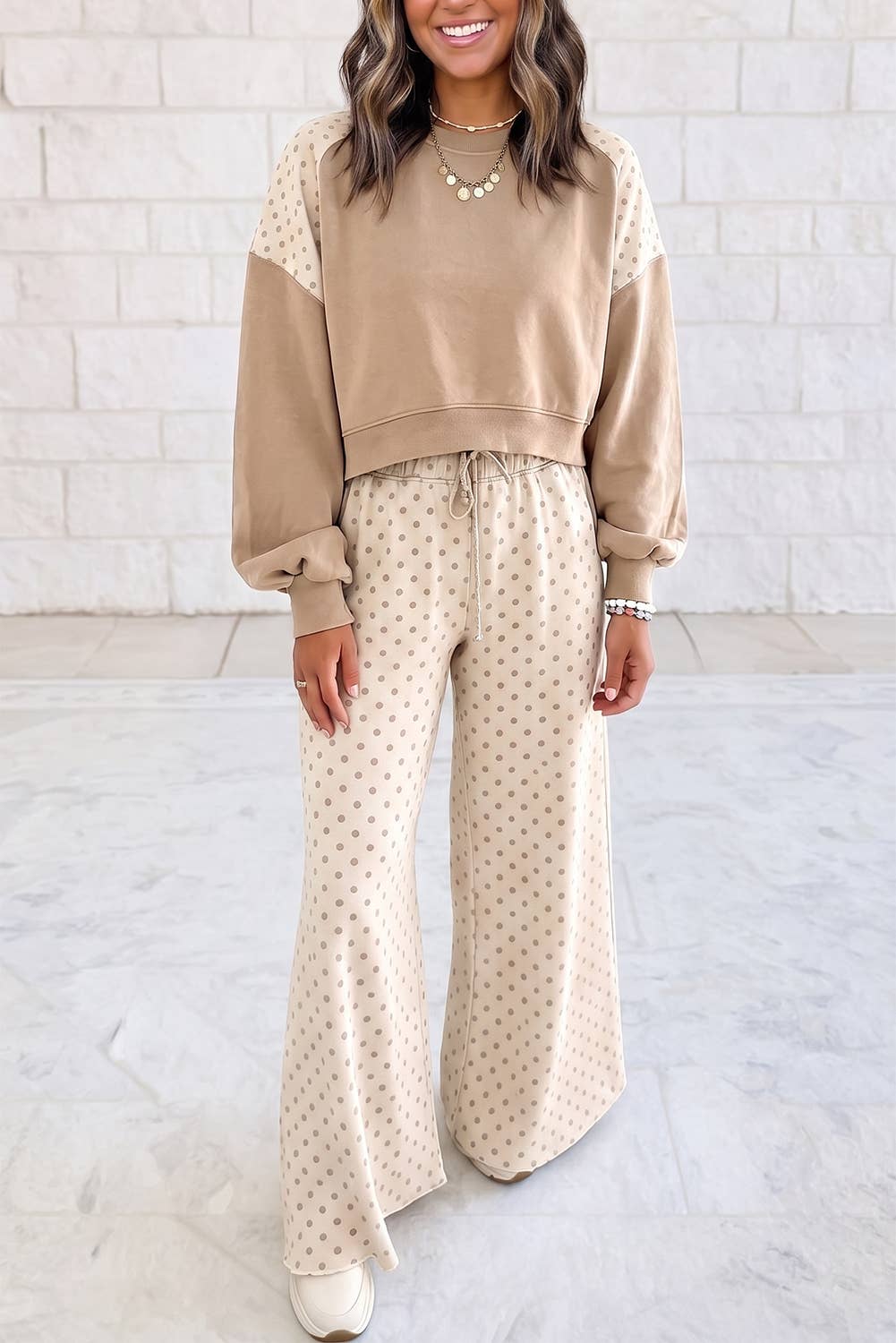 Women's Polka Dot Patchwork Two-Piece Set – Long Sleeve Top & Matching Pants