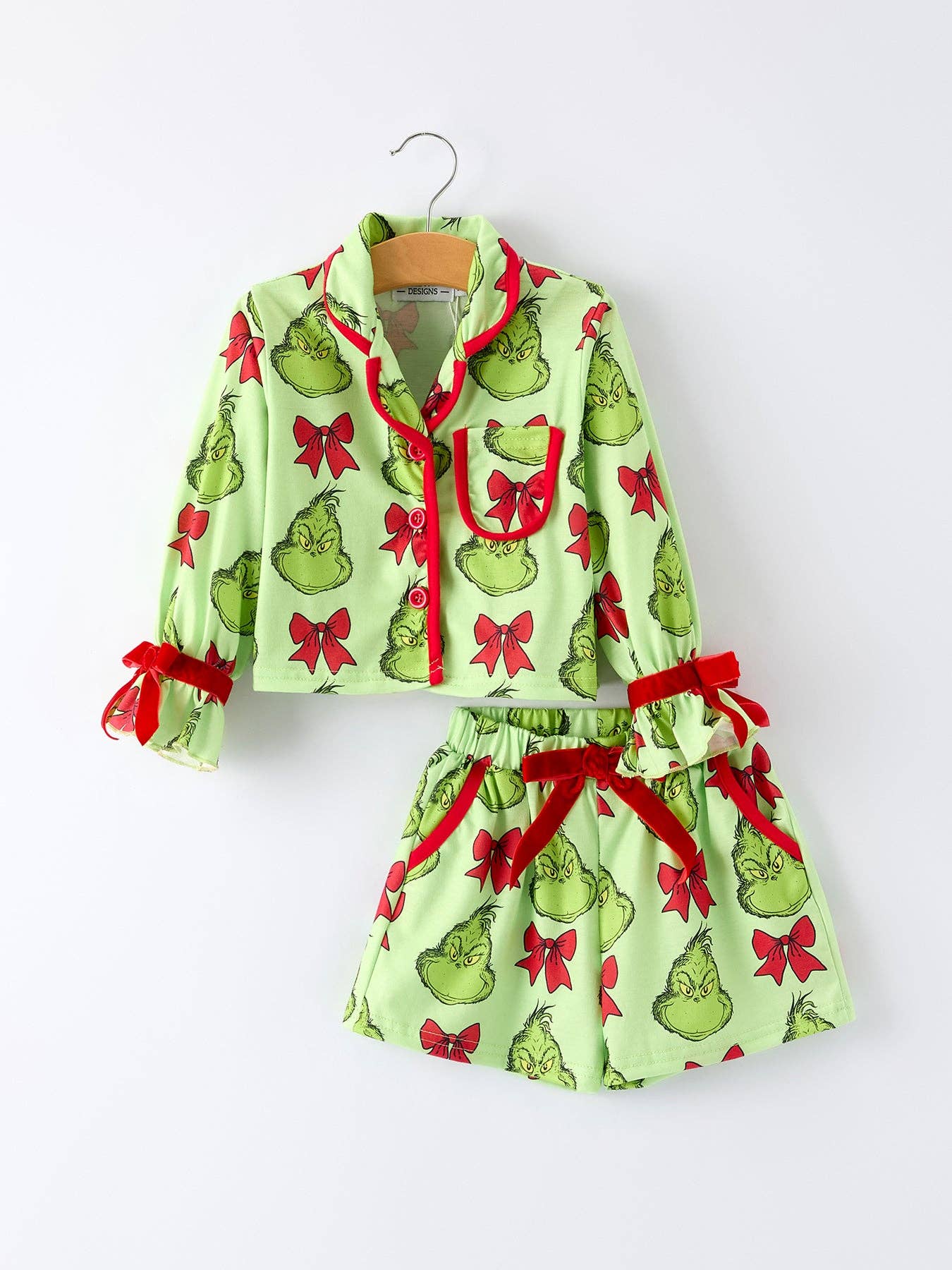 Girls Grinch Christmas Pajama Set with Bow Print – Festive Holiday Sleepwear