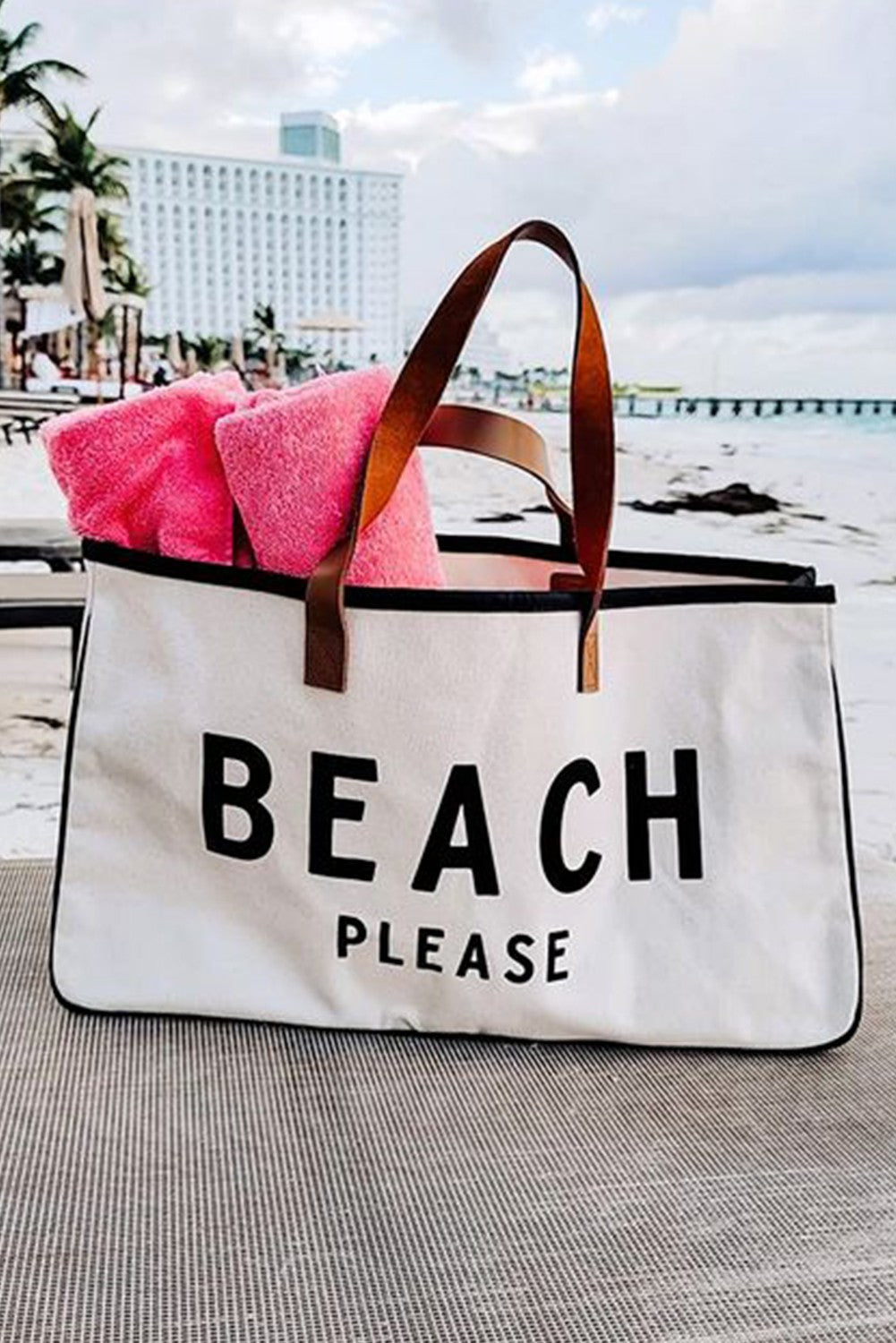 BEACH PLEASE Print Large Canvas Tote Bag