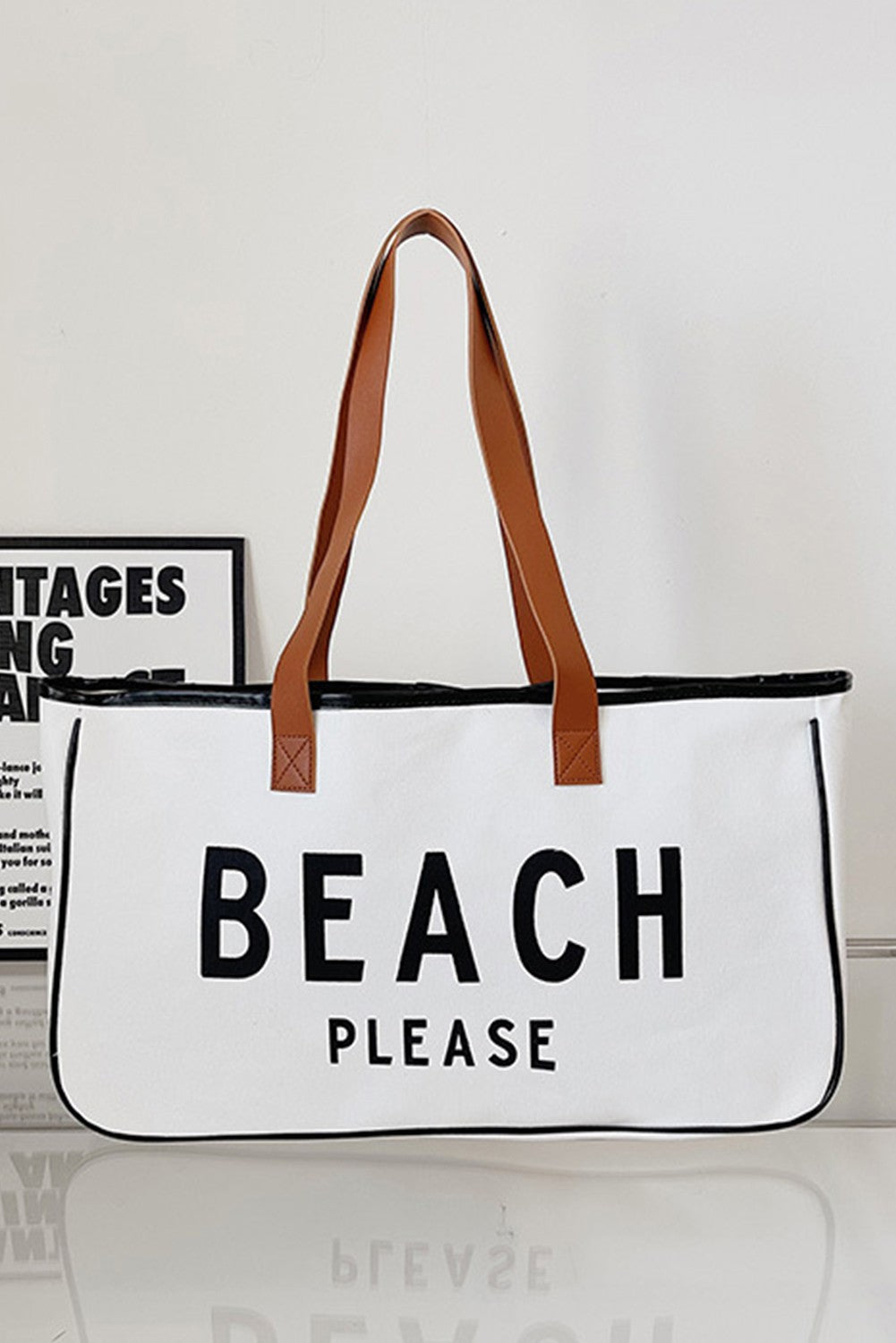 BEACH PLEASE Print Large Canvas Tote Bag