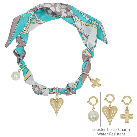 Blue/White Knotted Scarf Necklace with Puffy Heart, Pearl