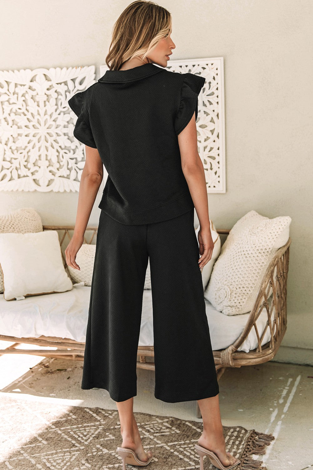 Ruffled Cap Sleeve Top Wide Leg Pants Set