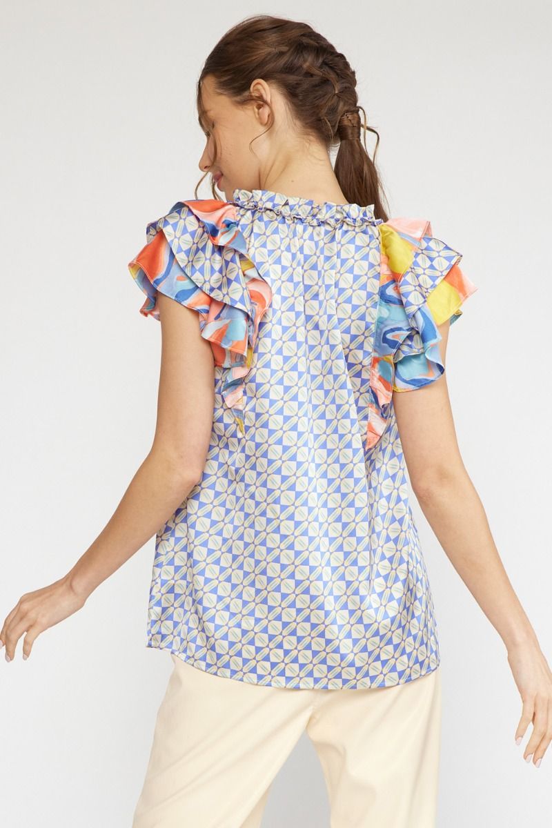 Satin print v-neck ruffle sleeve top