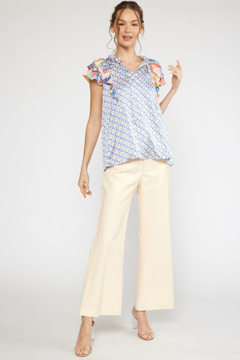 Satin print v-neck ruffle sleeve top