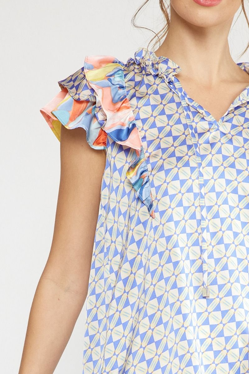 Satin print v-neck ruffle sleeve top