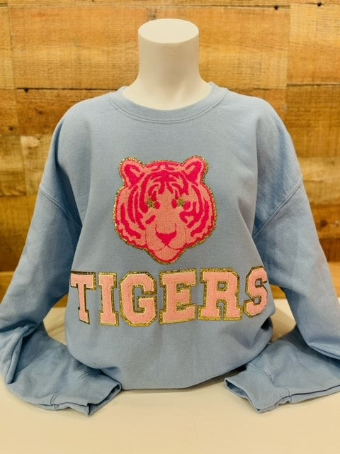 Custom Baby Blue w/Pink Tiger chenille patch sweatshirt