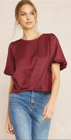 Burgundy Satin Short Sleeve Top