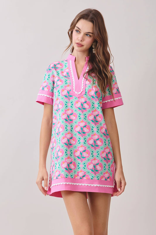 Colorful Floral Print Contrast Borders Shift Dress