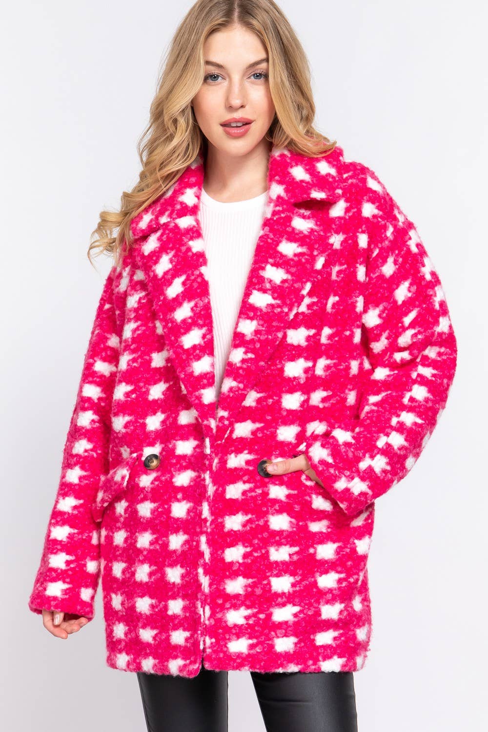 Long Sleeve Double Breasted Check Print Boucle Fleece Coat